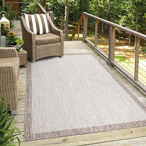 carpet city Teppich Outdoor Wetterfest - Beige - 150x150 cm Quadratisch- Bordüre - Balkon Teppich Wasserabweisend - In-& Outdoor Teppiche für Terrasse, Garten, Küche, Bad oder Wohnzimmer