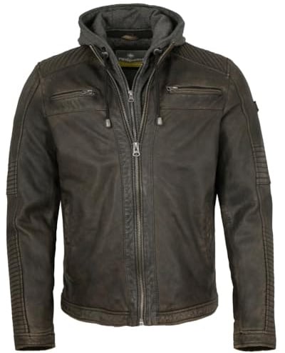 Redpoint - Herren Lederjacke Bikerjacke Kapuze Lammnappa braun antik Holzkohle