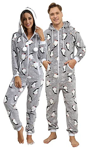 QIYUANT Pigiama di Coppia Natale con Cappuccio Flanella in Pile Caldo Cerniera Intera Autunno Inverno Primavera Adulto Tuta Monopezzo con Tasche (Donna Pinguino Grigio L)