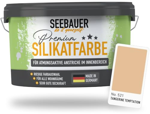 SEEBAUER diy Silikatfarbe Orange 10L für Innen (No. 521 Tangerine Temptation) Atmungsaktive Mineralfarbe für Allergiker - Abwaschbare Wandfarbe - Orangetöne hohe Deckkraft