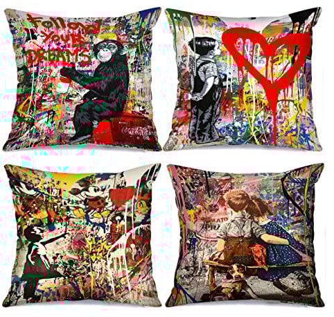Tucocoo Banksy Decorative Cushion Covers 4 Pieces Street Graffiti Art Throw Pillow Cases Little Boys Girls Cushion Cover Outdoor Decorations Monkey Throw Pillow for Couch Sofa Bed Car