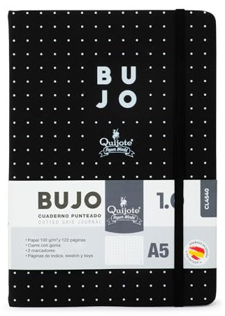 Quijote Paper World Bullet Journal A5 Notizbuch, gepunktet, extra weicher Hardcover, 62 Blatt, 100 g/m², für Planung, Studium, Lettering, Reisen oder Tagebuch – Schwarz