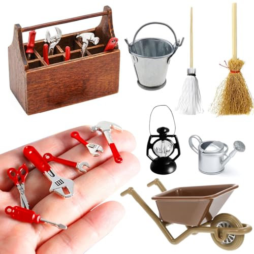 NETUME Boîte à Outils Miniature D'accessoires de GNOME, 13 Pièces Mini Boîte à Outils en Bois avec Outils, Décoration de Jardin Miniature, Accessoires Maison de Poupee, Miniature Ornament