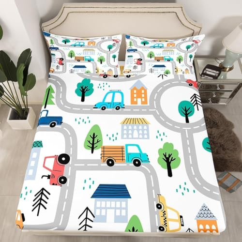 Auto Spannbettlaken 120x200 cm, Mikrofaser Bettlaken für Kinder, Boxspringbett Spannbetttuch bis 30 cm Matratzenhöhe, 3D Junge Bettlaken 120 x 200 Mit 1 x Kissenbezügen D1775