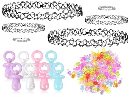 Lhbwhiz Choker Tattoo Kette 90s Set,90 Jahre Outfit Damen Accessoires,Halsband Armband Schnullerkette,babyschnuller,Elastische Halskette,Dekoschnuller,Schnuller,für 80 90er Mottoparty