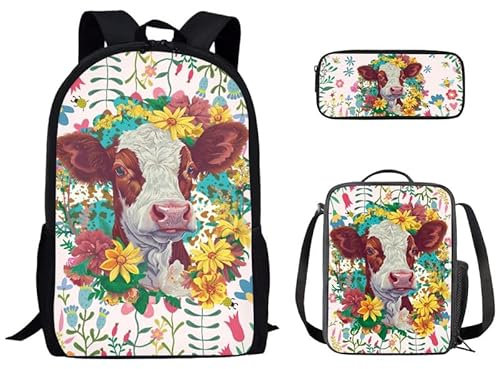 Kuiaobaty Schulrucksack für Kinder, 3 Stück, für Mädchen und Jungen, Dinosaurier, Fußball, Wolf, Pferd, Schultertaschen, Teenager, Studenten, Lunch-Tasche, Federmäppchen, Kuhblumen