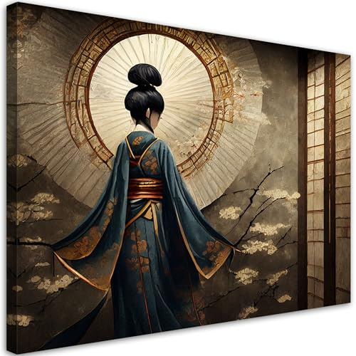 Feeby Wandbilder - Bilder Schlafzimmer - Japanische Geisha in Kimono - 90x60 1tlg - Wohnzimmer Bild Groß - Wohnungs - Foto Geschenk - Leinwand Wall Art - Wand Deko