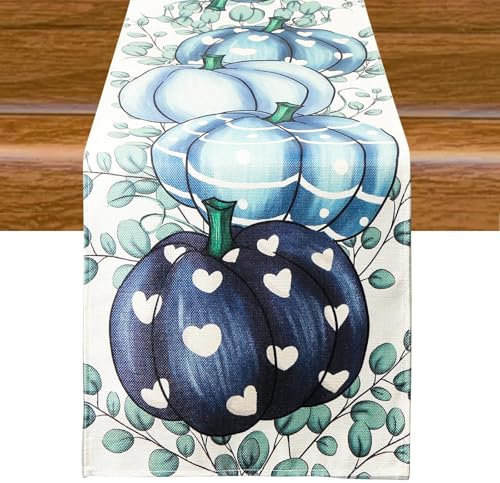 Aitsite Herbst Tischläufer, Küche Tisch Dekoration, Kürbisse Herbst Deko Draußen Urlaub Dekor Tischläufer, Herbst Tischdecke für Drinnen Urlaub Party Herbstdeko 40 x 180 cm (Blue Pumpkin)