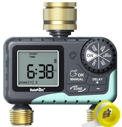 RAINPOINT Water Timer with Brass Swivel, Sprinkler Garden Hose Irrigation Timer with Rain Delay/Manual Watering, Automatic Irrigation Controller System for Lawn, Yard, 2 Outlets