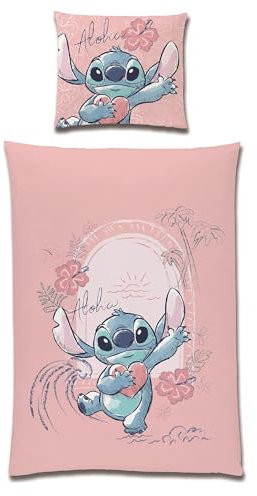 Familando Lilo und Stitch Bettwäsche für Mädchen in 135x200 80x80cm · Kinderbettwäsche aus 100% Baumwolle mit Reißverschluss · Bettwäsche Set mit Stitch Motiv Aloha (Rosa)