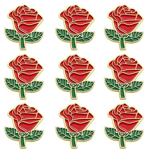 Pack of 10 Red Rose Flower Enamel Badge Lapel Pin Bulk - Brooch For Men Women Clothes Bags Hats