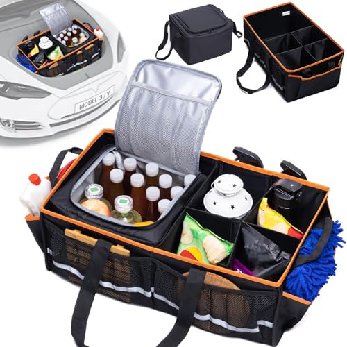 Rifachua Front Trunk Organizer with Cooler Bag Compatible with Tesla Model Y, Model 3, Model 3 Highland Grocery Frunk Storage Bag Collapsible for Car SUV with Multi Compartment, Black