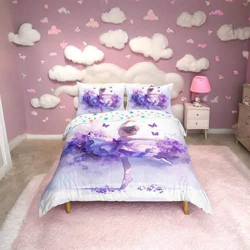 Loussiesd Ballett Bettwäsche Mädchen 135x200cm Rosa Kleine Ballerina Tänzerin für Kinder Nettes Betten Prinzessin Lila Bettbezug