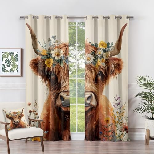 Vorhänge Highland Kuh - Bauernhof Tiere Floral Fenster Gardinen mit Ösen, Vorhang Blickdicht Verdunklungsvorhänge Thermovorhang für Wohnzimmer Schlafzimmer Deko 2er Set, H 200 x B 140 cm M#-524