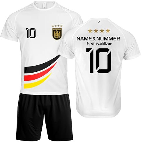DE FANSHOP Personalisiertes Fußball-Trikot für Jungen mit Hose, Kinder-Trikot mit eigenem Namen, Deutschland Fan Geschenk Trikot-Set für Herren