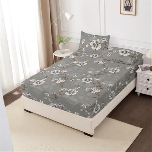 Mateju Spannbettlaken aus Mikrofaser mit Florales Muster Spannbetttuch Weiche Bequem Bettlaken für Einzelbett Doppelbett Boxspringbett, Matratzen bis zu 30 cm Höhe (90x200cm,Dunkelgrau)
