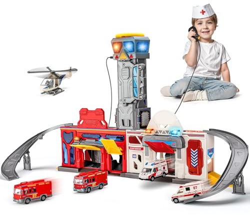 set giocattolo ambulanza e stazione dei pompieri