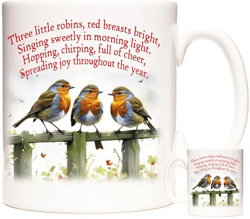KAZMUGZ Robin Mug, Robins on a Fence. Ceramic 11oz Mug Dishwasher and Microwave Safe. Gift Coffee Mug for Fans of Robins and British Garden Birds
