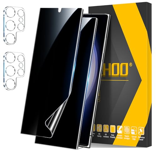 JEHOO for Samsung Galaxy S23 Ultra TPU Privacy Screen Protector | 2 +2 Pack, Support Fingerprint Unlock Flexible Soft Film + Camera Lens Protector, Anti-Spy, Scratch Resistant ,Self-Healing