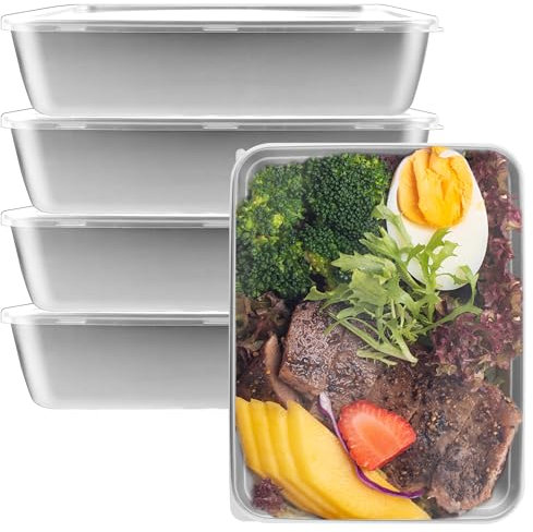 LDHHYH 5 cajas para fiambres para frigorífico, 2600 ml, recipiente de acero inoxidable con tapa, 25 x 20 x 5,5 cm, organizador para frigorífico, para guardar salchichas, queso