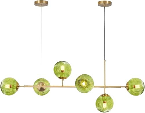KCO Lighting - 6 luces colgantes de cristal verde para isla de cocina, estilo moderno de mediados de siglo, lámpara de araña Sputnik de oro cepillado lineal para comedor