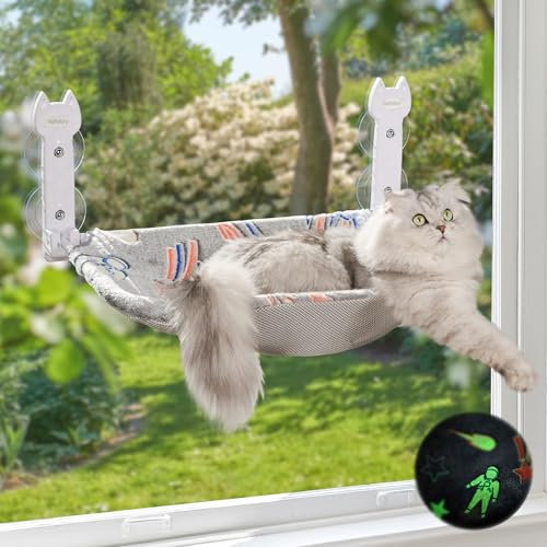 Cat Window Bed, Glowing in the Dark & Reversible Mat, Foldable & Cordless Cats Window Hammock with Upgrade Suction Cups Holds Up to 20kg, Cat Window Perch with Sunken Design, Grey, 1 Pack