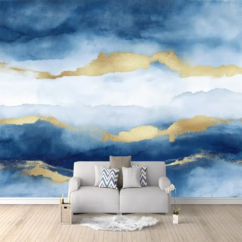 WHUOEUCO Carta Da Parati Effetto 3D Acquerello Astratto Blu 300x210 cm Fotomurali Non Tessuto, Decorazione Poster Arte Murale Moderna per Casa Ufficio Camera Da Letto Soggiorno