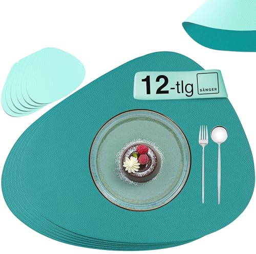 SÄNGER | Untersetzer & Platzsets abwaschbar aus Kunstleder 12 teilig, Platzdeckchen Tischuntersetzer 6 Personen-rutschfest doppelseitig wasserdicht- Tischset Untersetzer Türkis Minttürkis 44 * 37cm