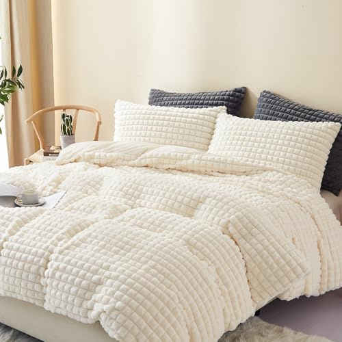 Freyamy Winter Bettwäsche 135x200 Beige Kunstfell Flanell Flauschig Winterbettwäsche Plüsch Warme Samt Biber ÖKO-TEX Bettbezug 1 Deckenbezug mit Reißverschluss und 1 Kissenbezug 80x80cm