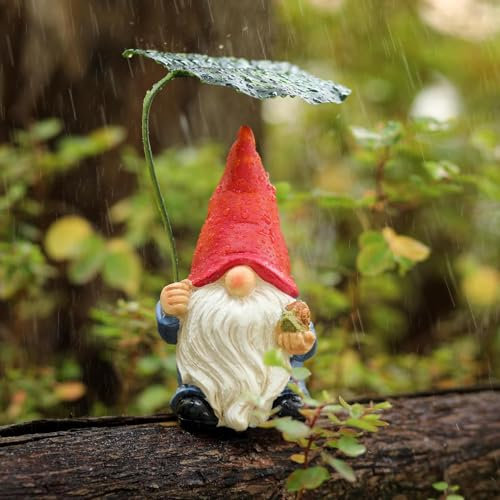 Garden Gnome Statue Decoration with Leaf Umbrella, 6.5” Figurine Ornament for Indoor Outdoor Home Patio Yard Lawn, for Gnome Lovers & Garden Enthusiasts,Mom,Women (Red Male)