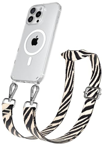EAZY CASE Handykette - Verstellbares Taschenband kompatibel mit iPhone 16 Pro Max, Schulterriemen, Handykordel mit Silikon Hülle, Qi Charging kompatibel, Umhängetasche, Zebra - Schwarz Beige Silber