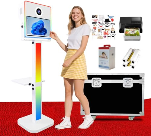 Neue Photo Booth mit 15.6'' Touchscreen mit Drucker, Selfie Magic Mirror DSLR Photobooth, Foto Box, Flightcase für Hochzeiten und Partys (White, with Printer)