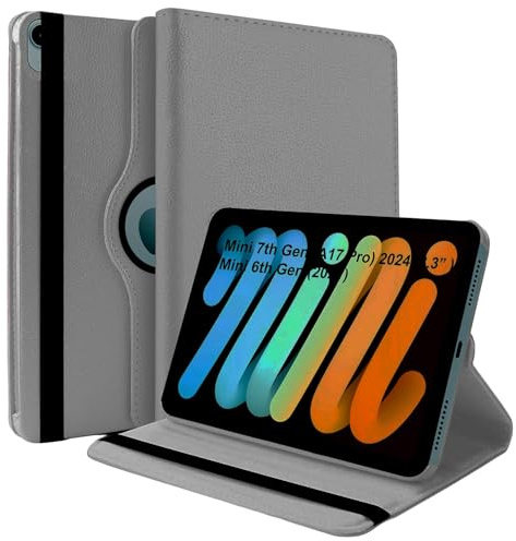 World biz Rotating Case for iPad mini (A17 Pro, 2024 Model, 7th Generation) / mini 6 (2021 Model, 6th Generation), 360 Degree Rotating Leather Protective Stand Cover, Auto Wake Sleep (Grey)