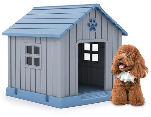 COSTWAY Hundehütte Outdoor, Katzenhaus für draußen, winterfestes Hundehaus aus PP, Haustierhaus mit Eingang, 2 Fenstern, erhöhtem Boden & Schrägdach, für kleine & mittelgroße Hunde Katzen, Blau