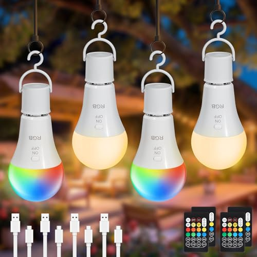 Dehobo RGB aufladbare Glühbirne mit Fernbedienung, akku Glühbirne 4 Stück | E27 Glühbirne Tastenschalter, wiederaufladbare Glühbirne, Glühbirne mit Batterie dimmbar, Glühbirnen für mobile Beleuchtung