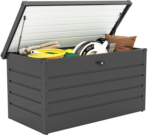 Outsunny Coffre de rangement exterieur XXL 311L, coffre de jardin acier galvanisé 120x62x62cm verrouillable etanche vérins à gaz, malle de rangement extérieur intérieur jardin terrasse, gris foncé