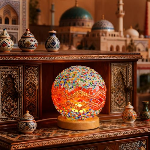 Türkische Mosaik-Tischlampe, Vintage-Buntglas-Licht, USB-Stromversorgung, dimmbar, Nachtlichter, Wohnzimmer-Kaminsims, Vintage-Thema, Hotel, europäische Restaurant-Dekoration (Barock A - Orange