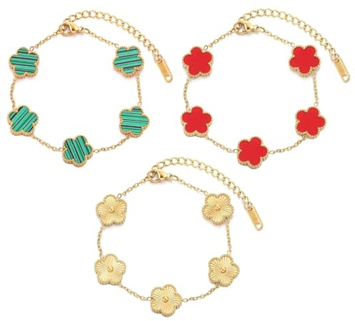 18K Vergoldet Schmuck 3 Stk Jewelry Set Armband Kleeblatt Gold Bracelet | Women's Gold Bracelet Glücksarmband Damen Geschenk zum Geburtstag Jahrestag Valentinstag Muttertag Oder Neujahr