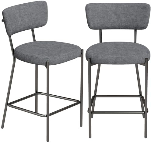 HOMCOM Barhocker 2er Set mit Fußstütze Leinenoptik 63 cm Sitzhöhe, Grau | Barstühle, Küchenstuhl, Geschwungene Rückenlehne, Gepolstert, Tresenhocker mit Metallgestell, für Küche, Esszimmer, Theke