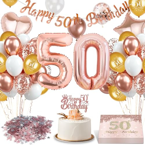 Ezydka Deko für 50 Geburtstag Frau Rosegold Deko zum 50 Geburtstag Frau | Partydeko 50. Geburtstagsdeko Frau mit Luftballons Girlande Servietten Tortendeko Konfetti für Partydekorationen