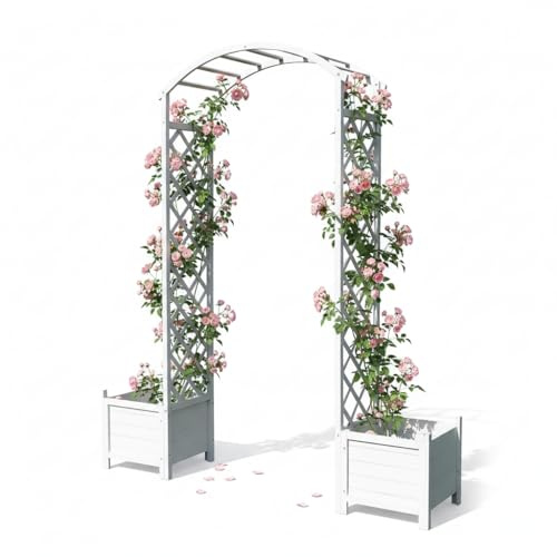 Mucola Rosenbogen mit 2 Blumenkübeln Rankhilfe 179x41x208 cm Holz Weiß | Fichtenholz, Durchgangsbreite 98 cm, Kübel je 41x41x41 cm, Kletterrosen, Efeu, Garten, Rankgitter
