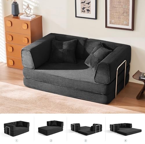 LINSY HOME Schlafsofa - Bodensofa Bed mit Pillow Back Support Armrest - Schlafsofa Klappbar 160 cm Breit- Compressed Sofa in Box - Cord Stoff für Wohnzimmer Schlafzimmer - Schwarz