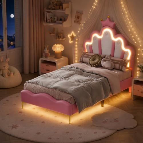 KOOPMAD Barnsäng Flicka 90x200, Barnsäng Princess med LED-belysning, Stoppad Barnsäng med Sänggavel, Design i Kronform för Barn & Tonåringar, Enkel Barnsäng, PU, Rosa (utan madrass)