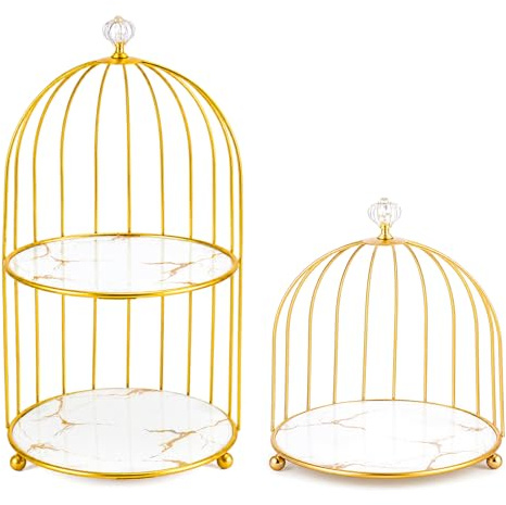 EVERGOODS 2Pcs Cake Stand Cupcake Stand, Bird Cage Vanity Tray Set, Gold Makeup Organiser with Marble Pattern Trays, Decorative Storage Stand for Cosmetics, Perfume, Jewelry, Bathroom