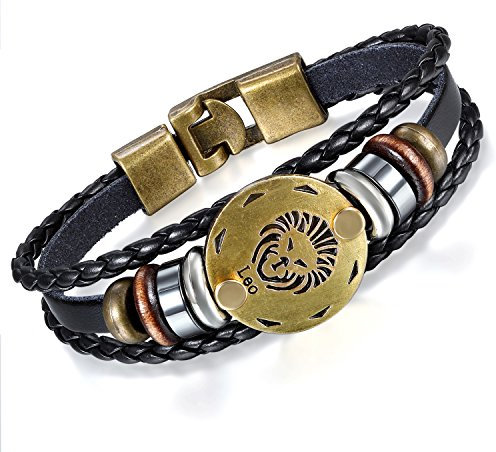 Flongo Lederarmband Horoskop Armband Damen Armkette Herren Armreif, Leder-Armband Armreif Manschette Manschettenknopf Schwarz Gold Golden Horoskop Tierkreis Sternzeichen Sternbild Löwe