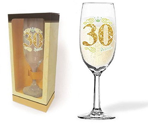 BICCHIERE 30 ANNI Flute vetro glitter ORO Gadget idea regalo festa 30° Compleanno