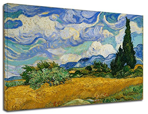 Quadro Van Gogh Campo di grano con cipressi - Quadro stampa su tela canvas con o senza telaio (CM 90X71, QUADRO CON TELAIO IN LEGNO)
