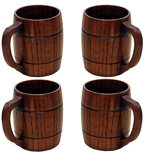Wooden Beer Mug, Retro Wood Tea Cups Drinking Mug with Handle Wood Tankard Beer Mug (4pcs)