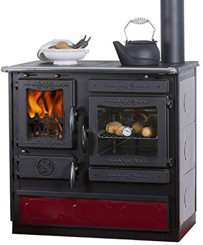 7 kW Küchenofen Globe Fire Alhena aus Gusseisen - Außenverkleidung aus Emaille - Großes Backfach und Holzfach (Rauchrohr rechts, Bordeaux)