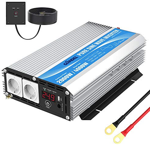 GIANDEL 2000W Inversor de Corriente de Onda sinusoidal Pura Convertidor DC 24V a AC 220V 230V con Salidas de AC Dobles con USB y Pantalla LED